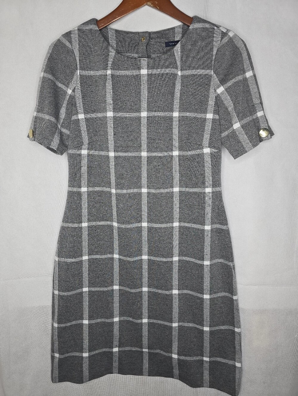 Tommy Hilfiger Windowpane Plaid Sheath Dress Gray Short Sleeve Preppy Career 4